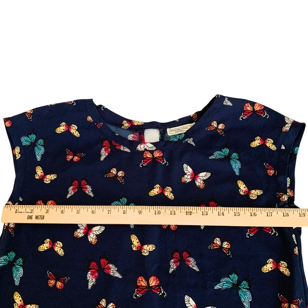 Abercrombie & Fitch Butterfly Print Blouse Size M Navy Short Sleeve Keyhole Back - Picture 11 of 11